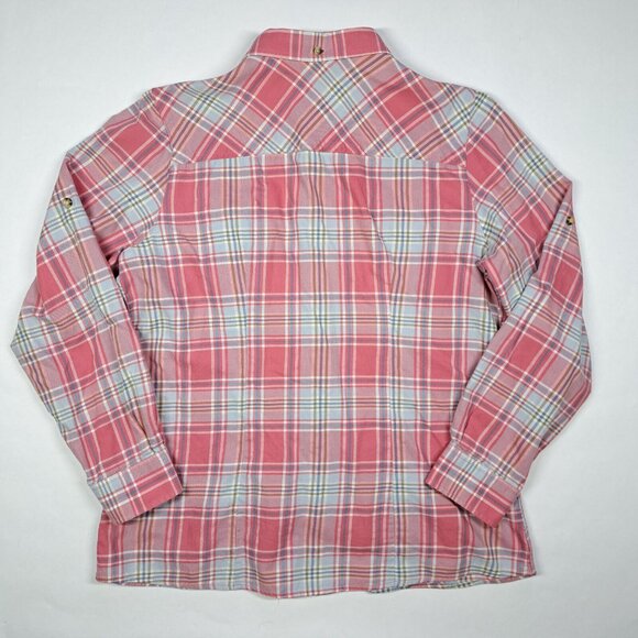 LL Bean Womens Flannel Shirt Scotch Plaid Peach Pink Blue Button Up Down Medium - Picture 2 of 8